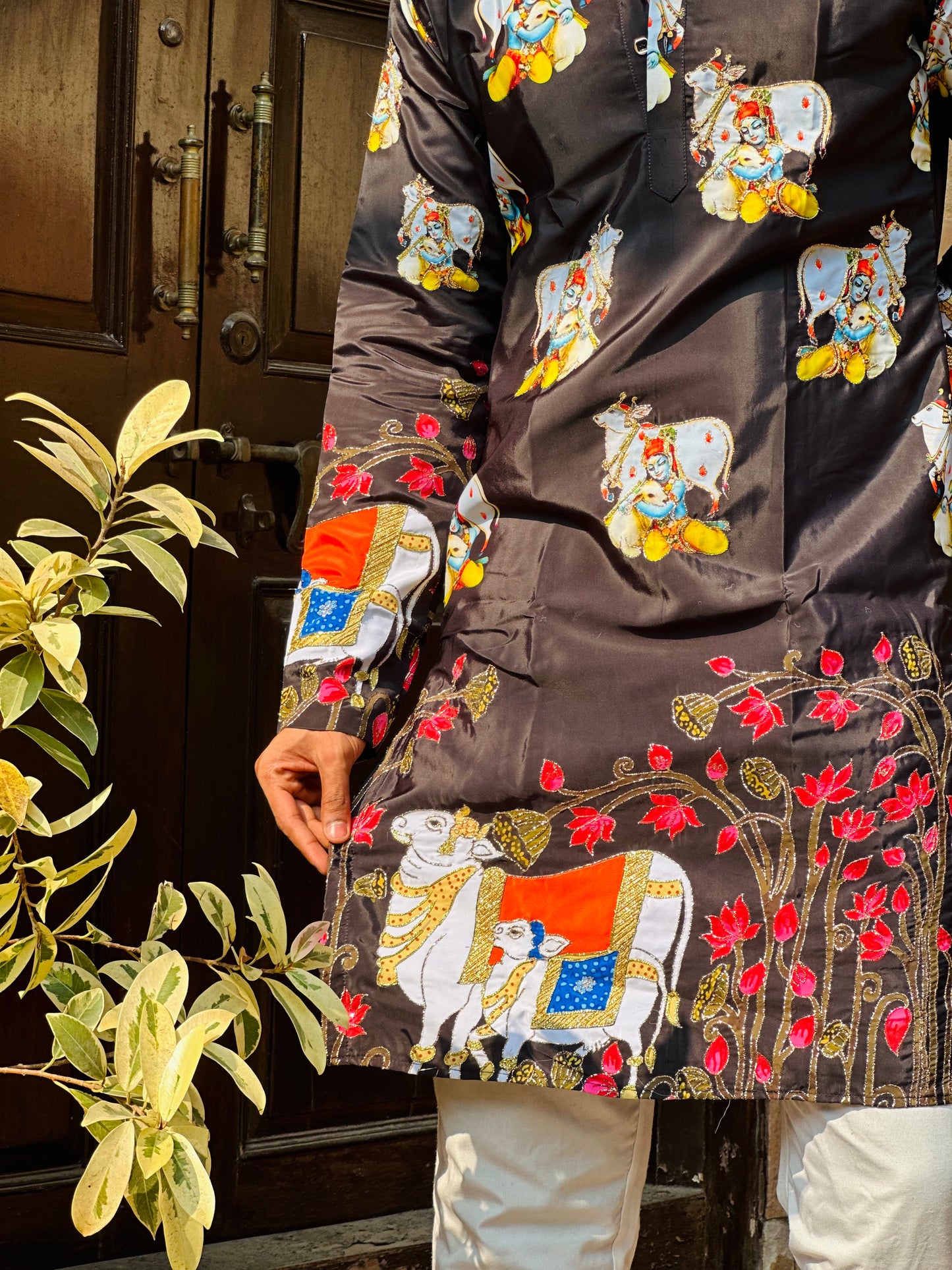 Elegant Black Crape Kurta with Traditional Cow Design Kurta