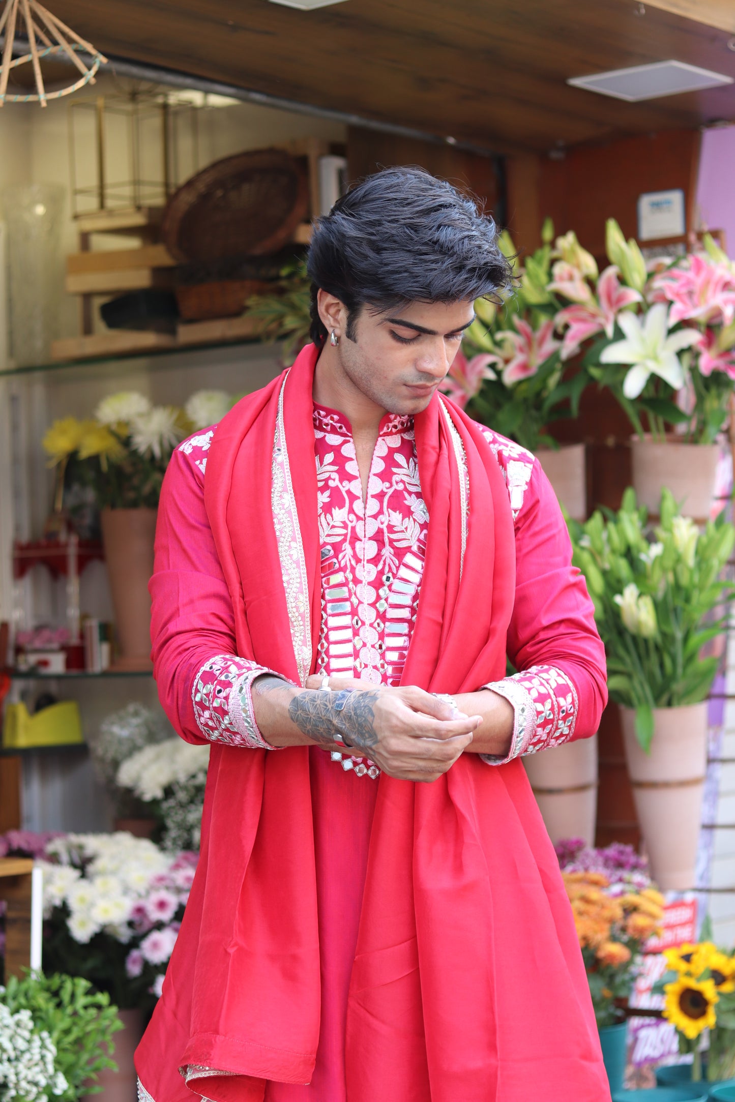 Scarlet Red Mirror Kurta with Dupatta