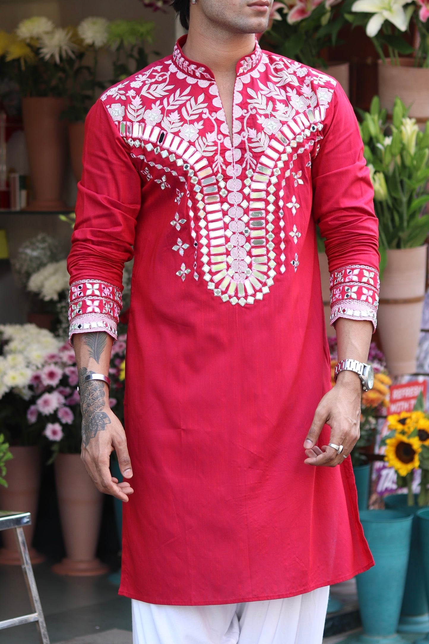 Scarlet Red Mirror Kurta