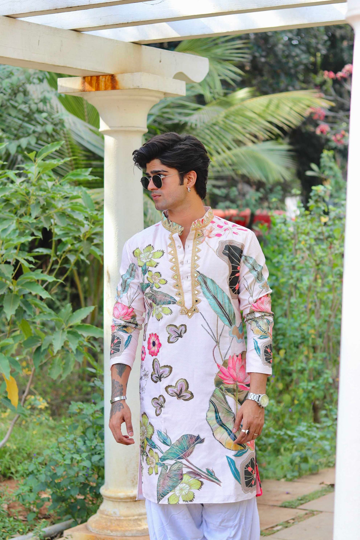 Jacquard Check Floral Print kurta with Mirror Border