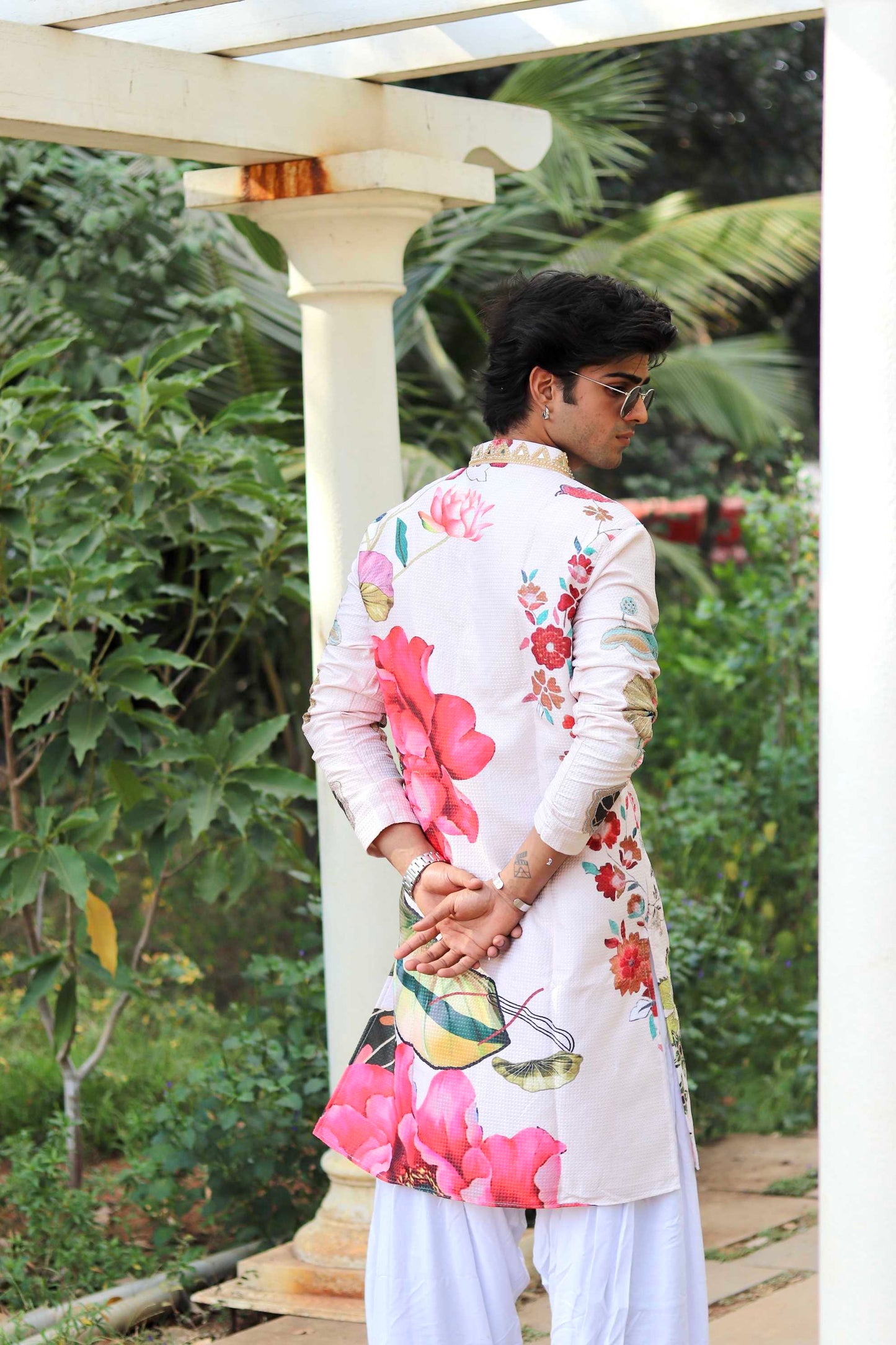 Jacquard Check Floral Print kurta with Mirror Border
