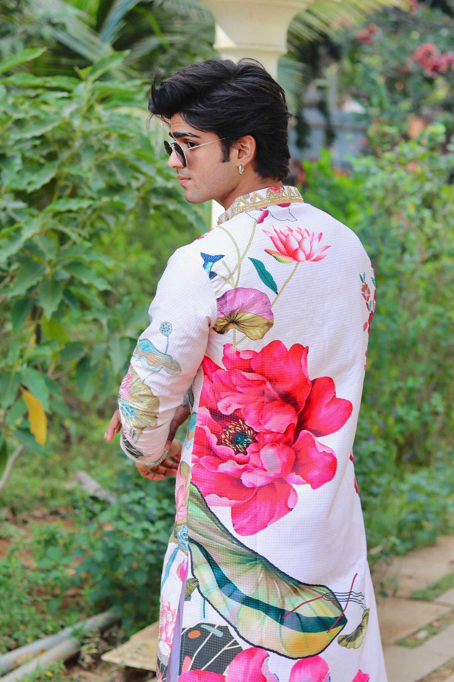 Jacquard Check Floral Print kurta with Mirror Border