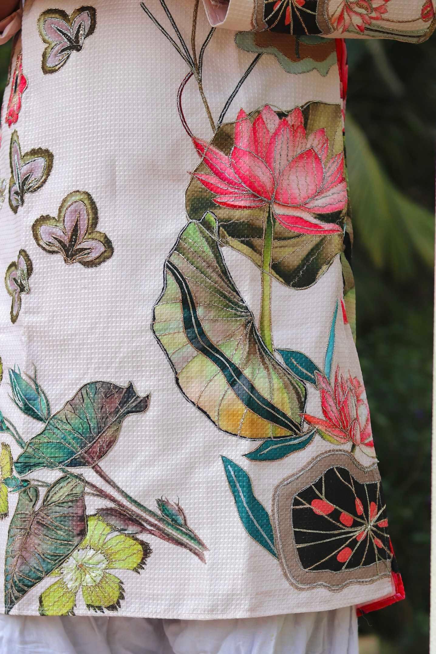 Buy Jacquard Check Floral Print kurta with Mirror Border