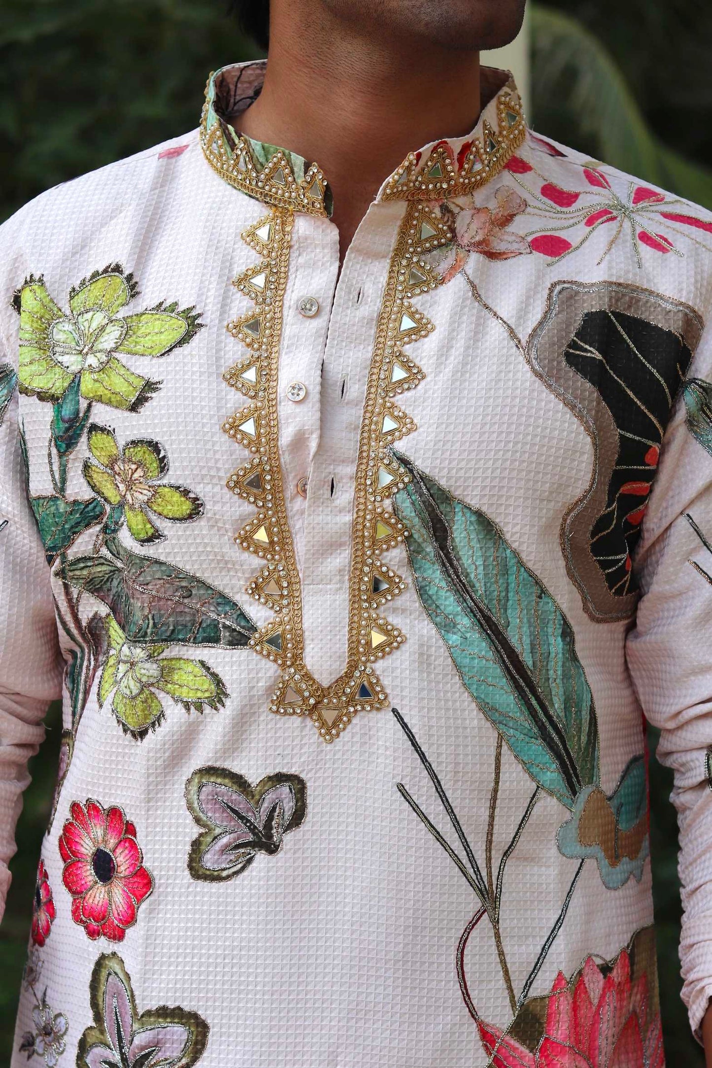 Jacquard Check Floral Print kurta with Mirror Border
