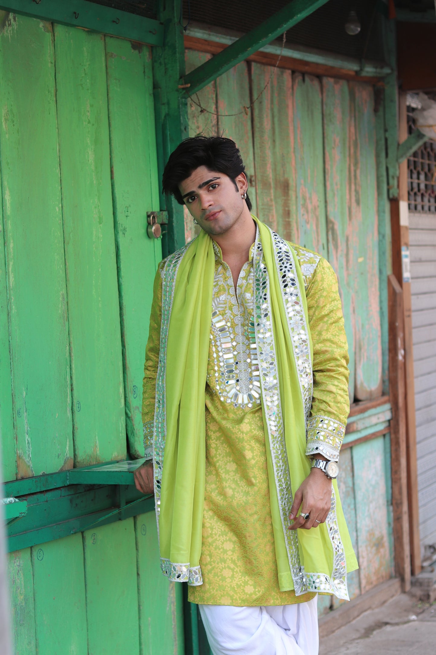 Green Sunflower Mirror Kurta with Dupatta