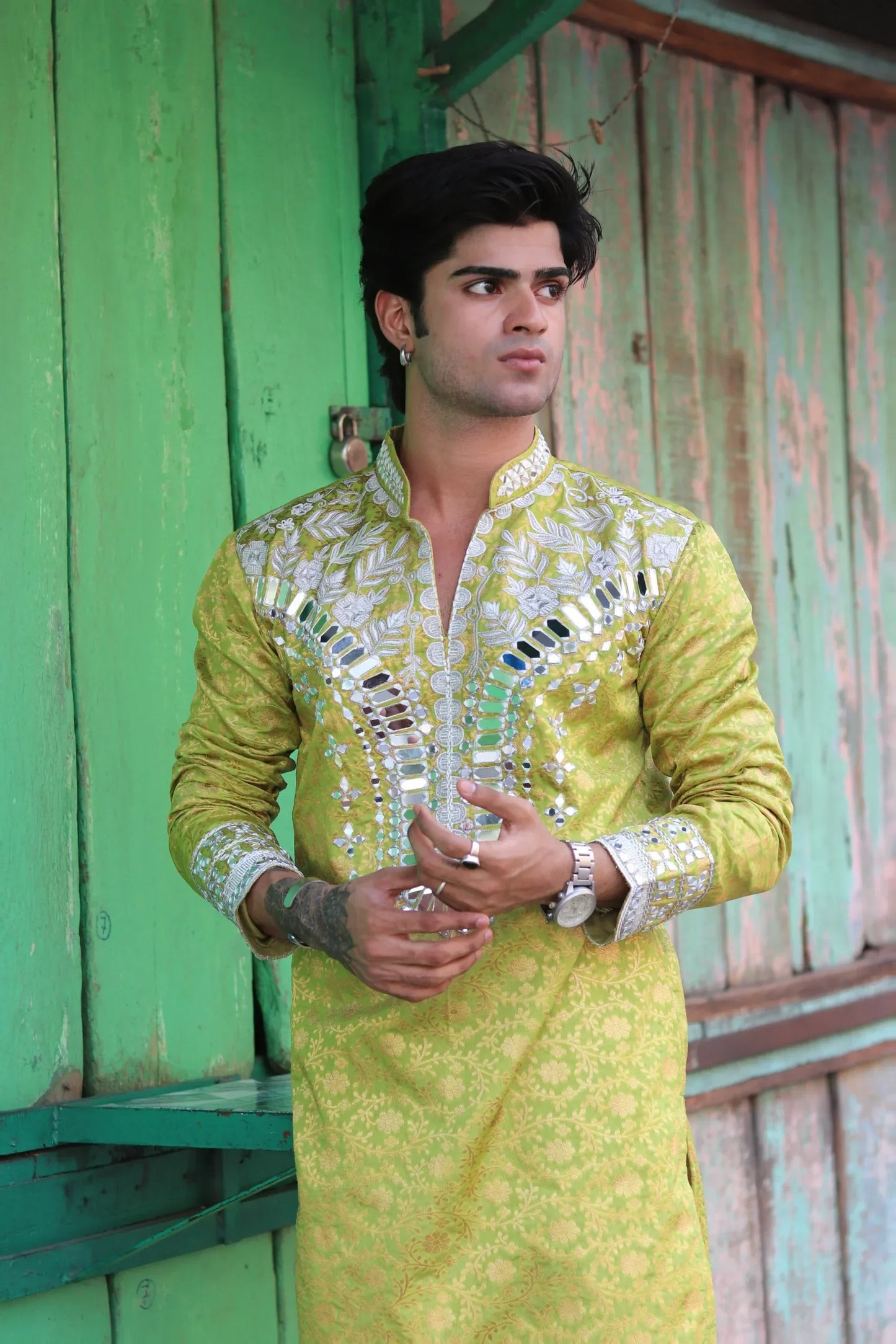 Buy Green Sunflower Mirror Kurta with Dupatta