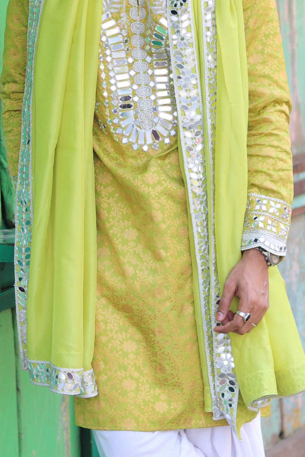 Green Sunflower Mirror Kurta with Dupatta