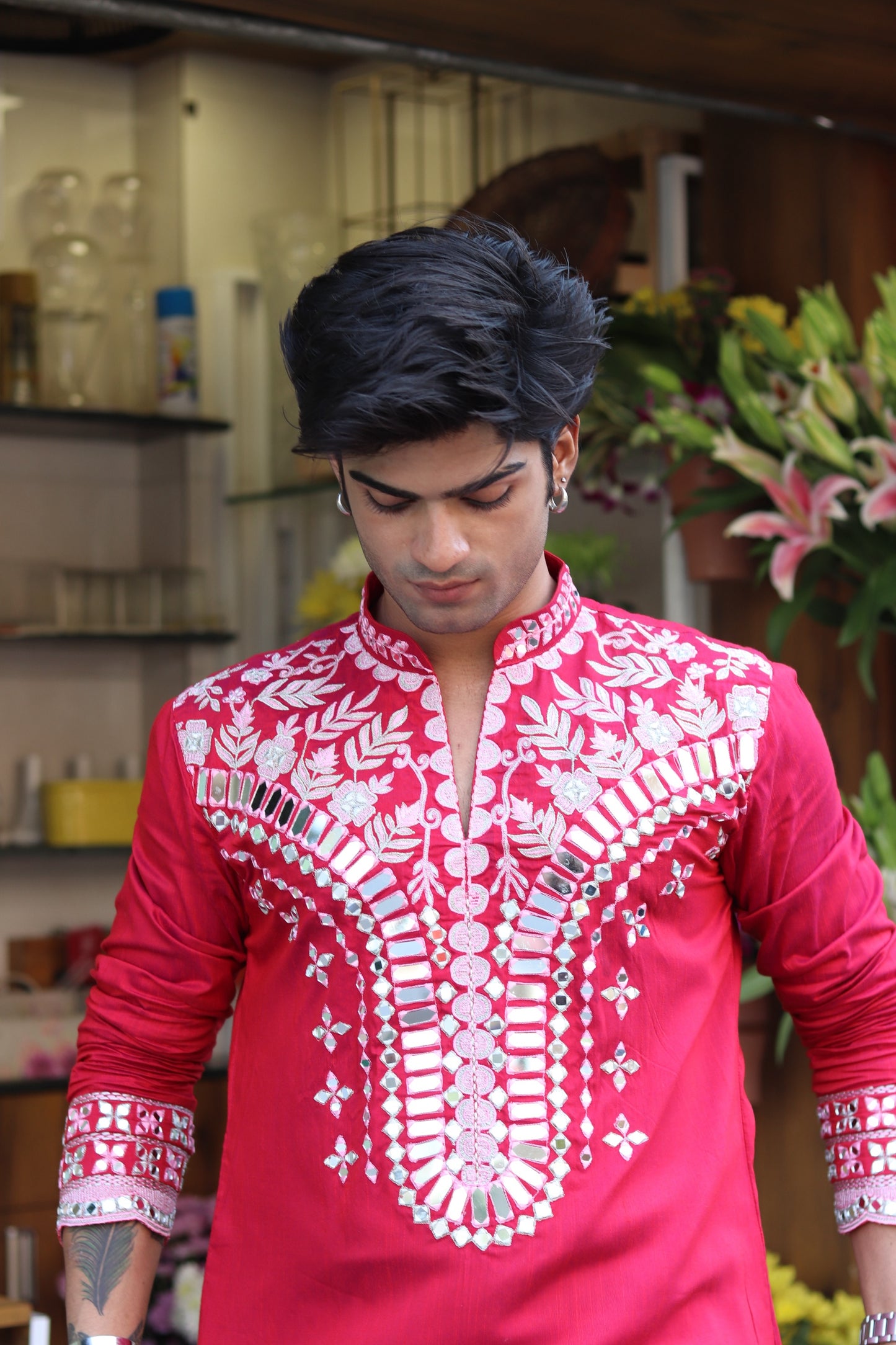 Scarlet Red Mirror Kurta with Dupatta