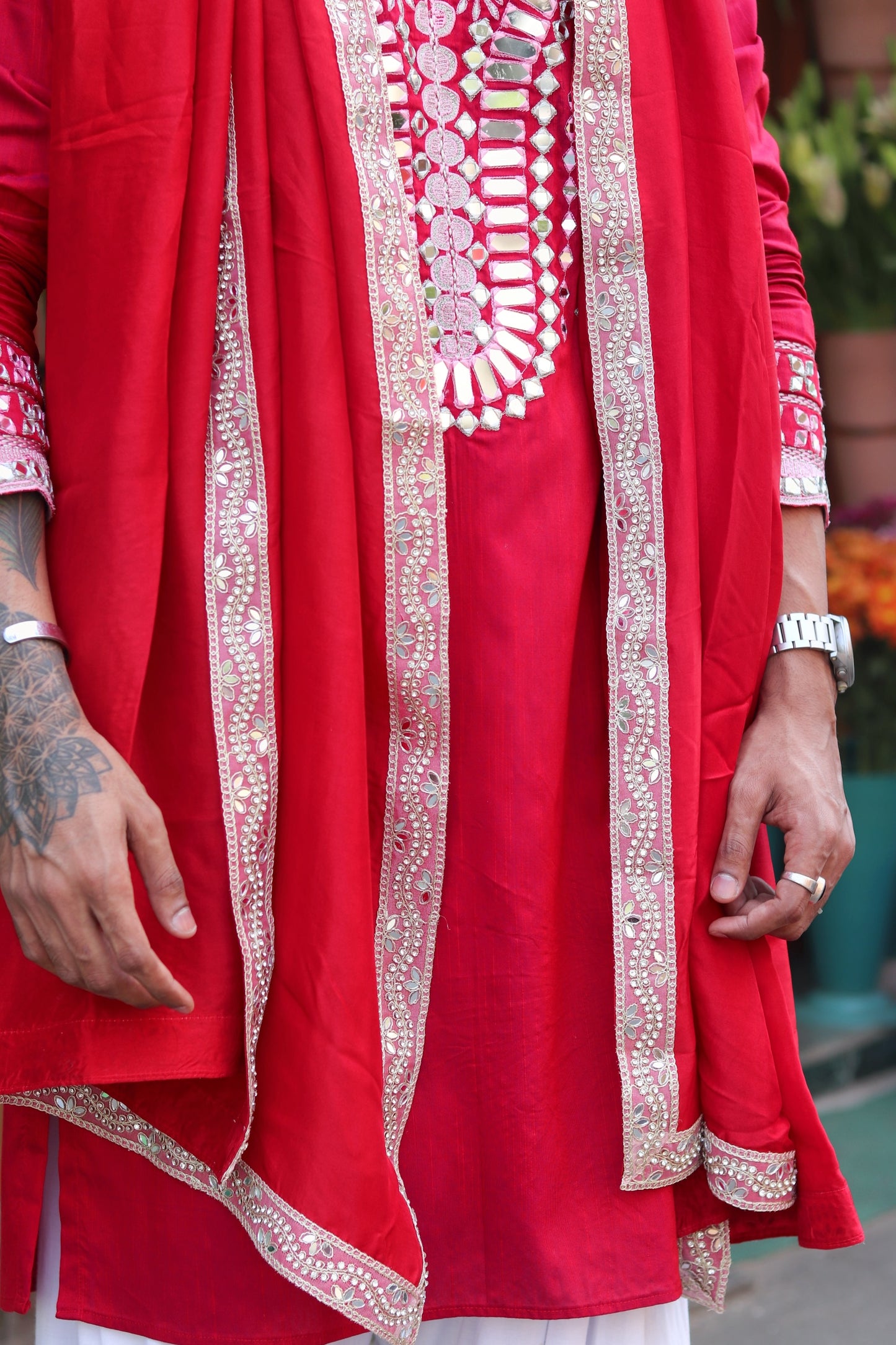 Scarlet Red Mirror Kurta with Dupatta