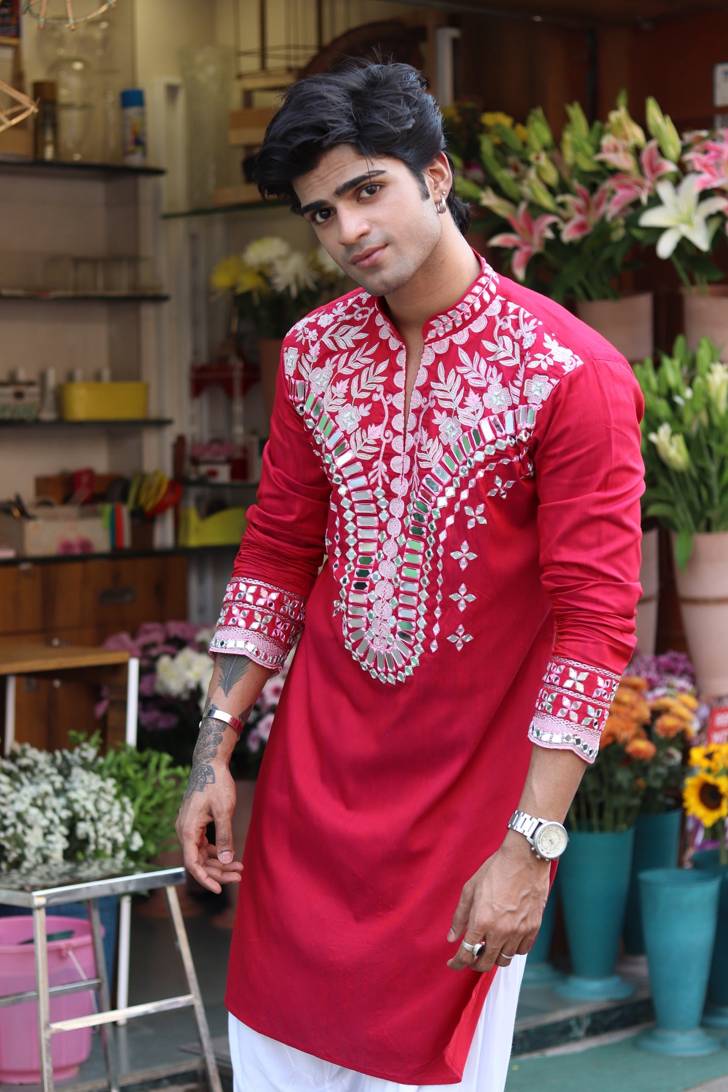 Scarlet Red Mirror Kurta with Dupatta