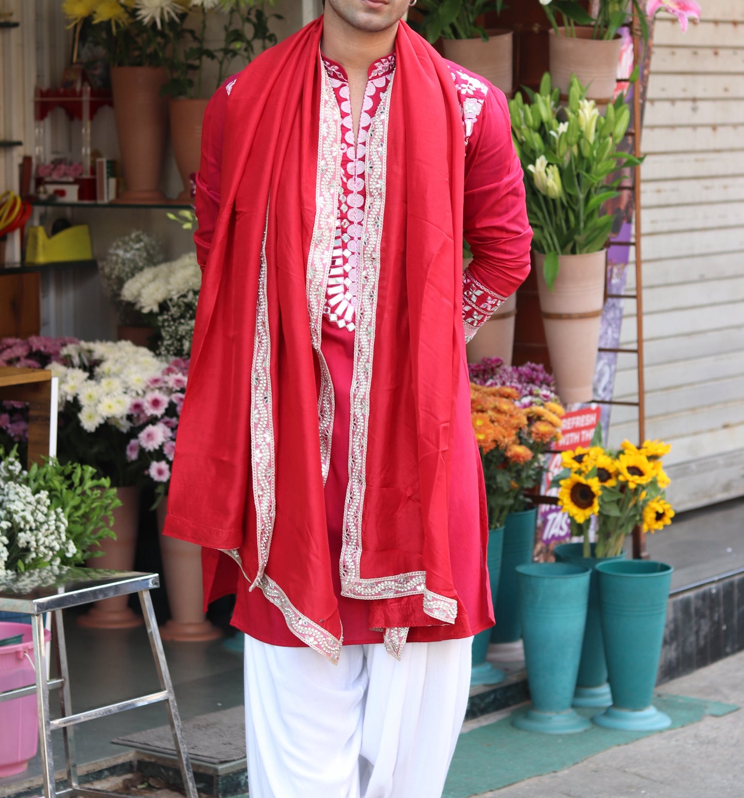 Scarlet Red Mirror Kurta with Dupatta