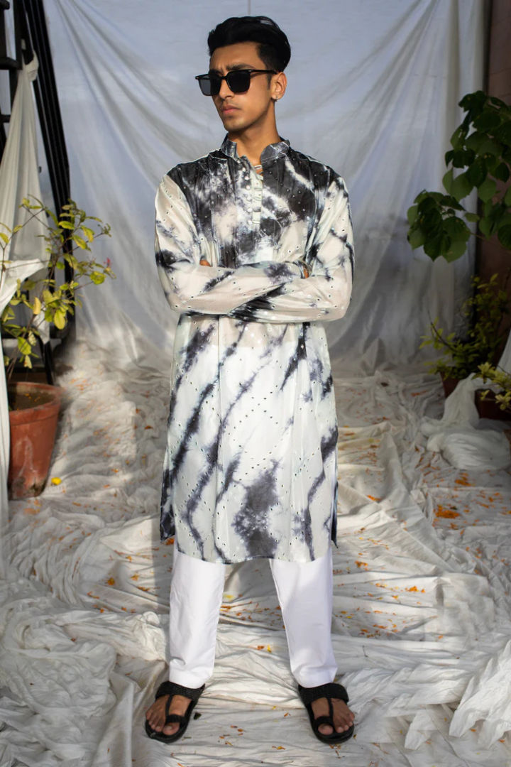 Phoenix Gray Mirror-Embroidered Chanderi Silk Kurta