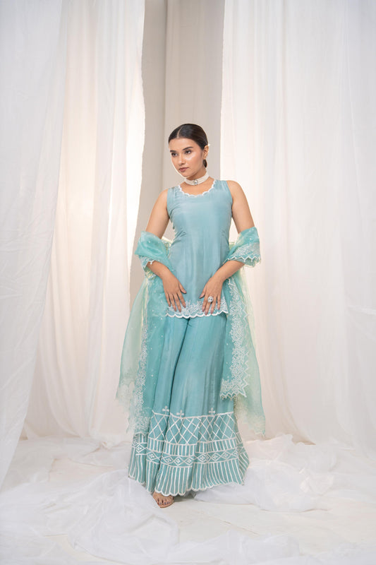 Bubbly Blue Sharara Set with Elegant White Embroidery Detail