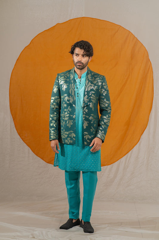 Emerald Sequin Jodhpuri with Lucknowi Embroidery and Silk Pants