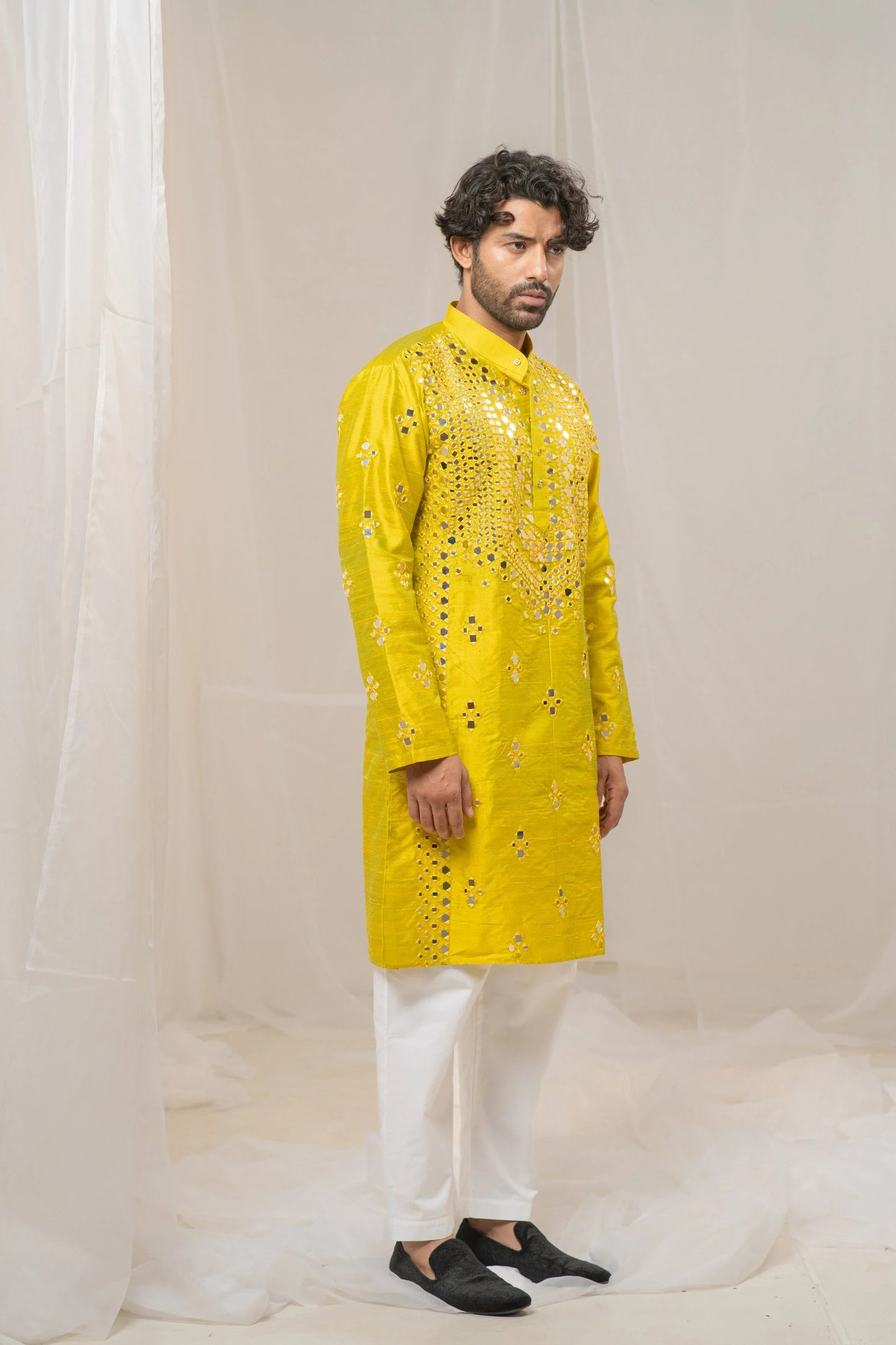Buy Green Raw Silk Mirror Kurta