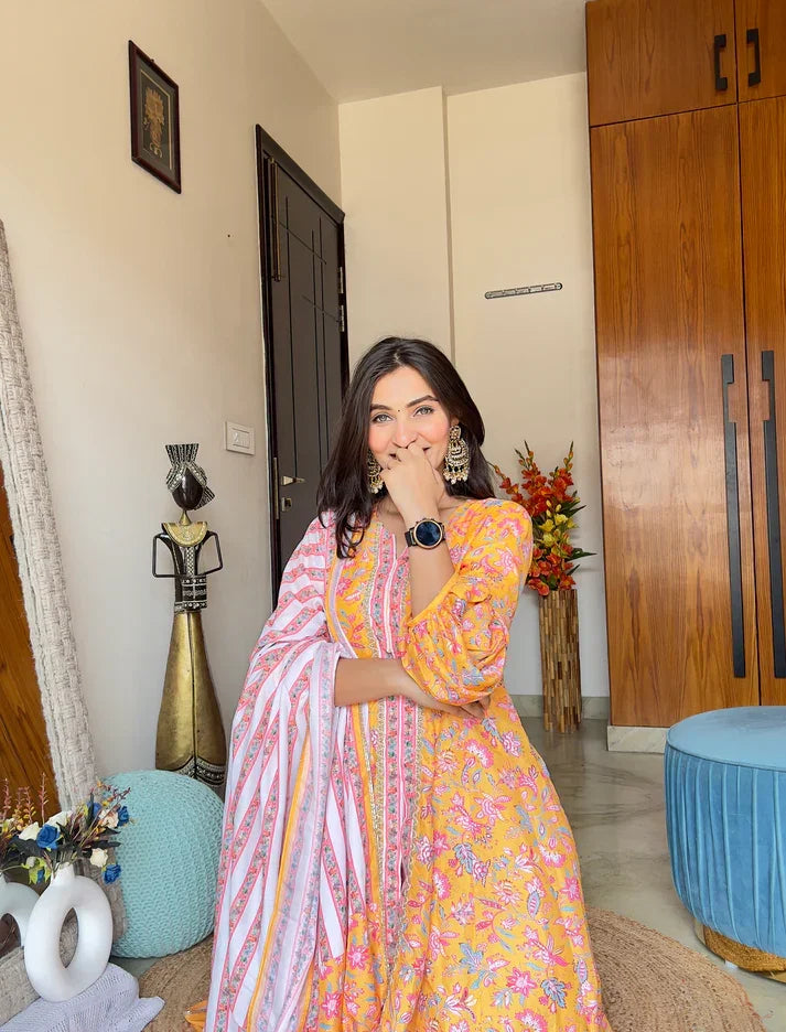 Buy Floral Printed Muslin Cotton Anarkali Suit with Pants and Dupatta