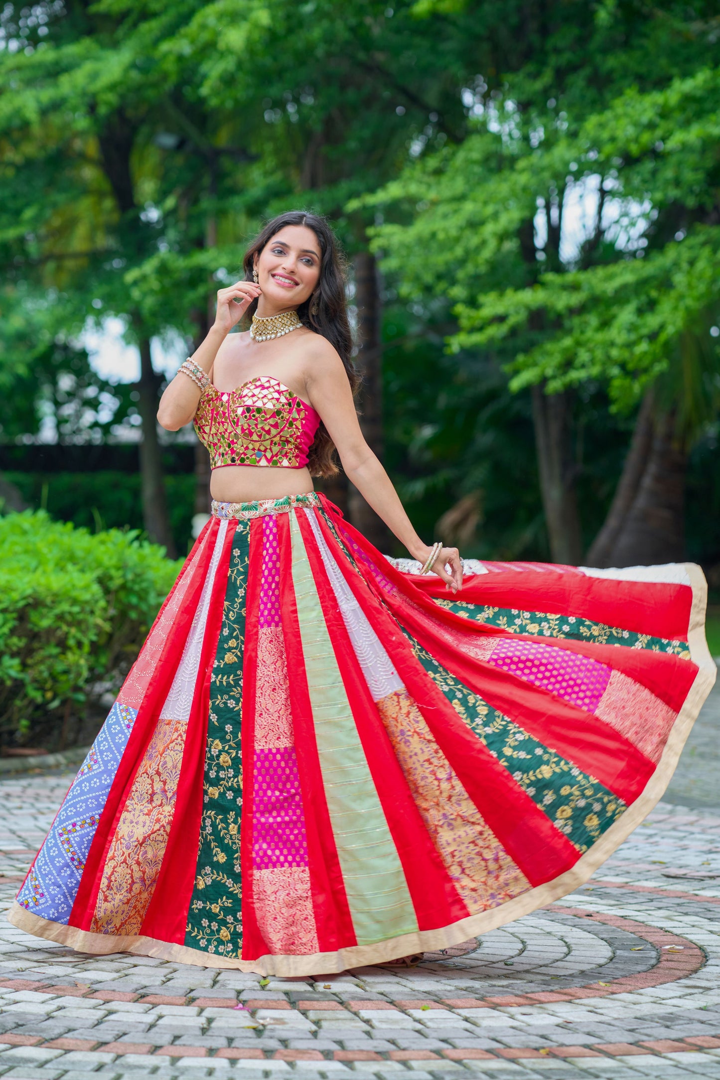 Red Scarlett Corset Mirror Blouse With Multi Lehanga