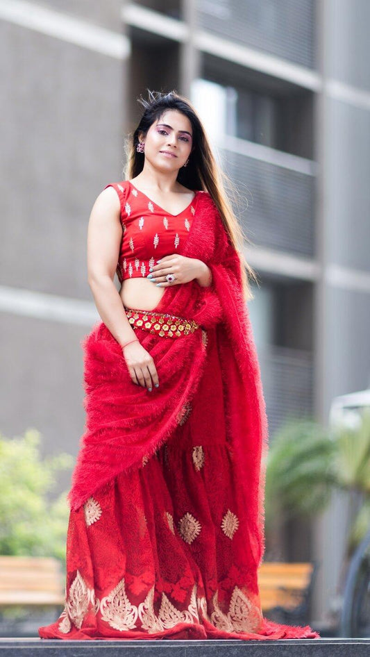 Red Silk Blouse & Net Worked Sharara With Feather Dupatta - Kzari - The Design Studio