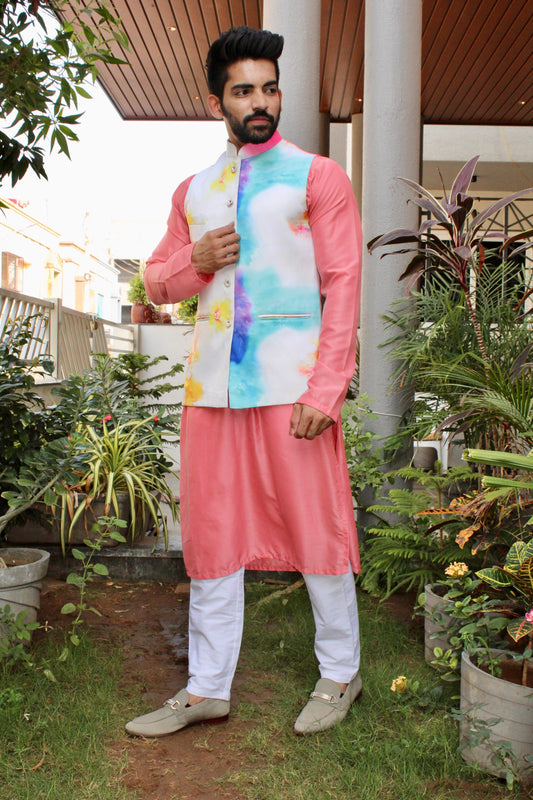 Cotton Silk Embroidered Kurta with Multiprint Basecoat