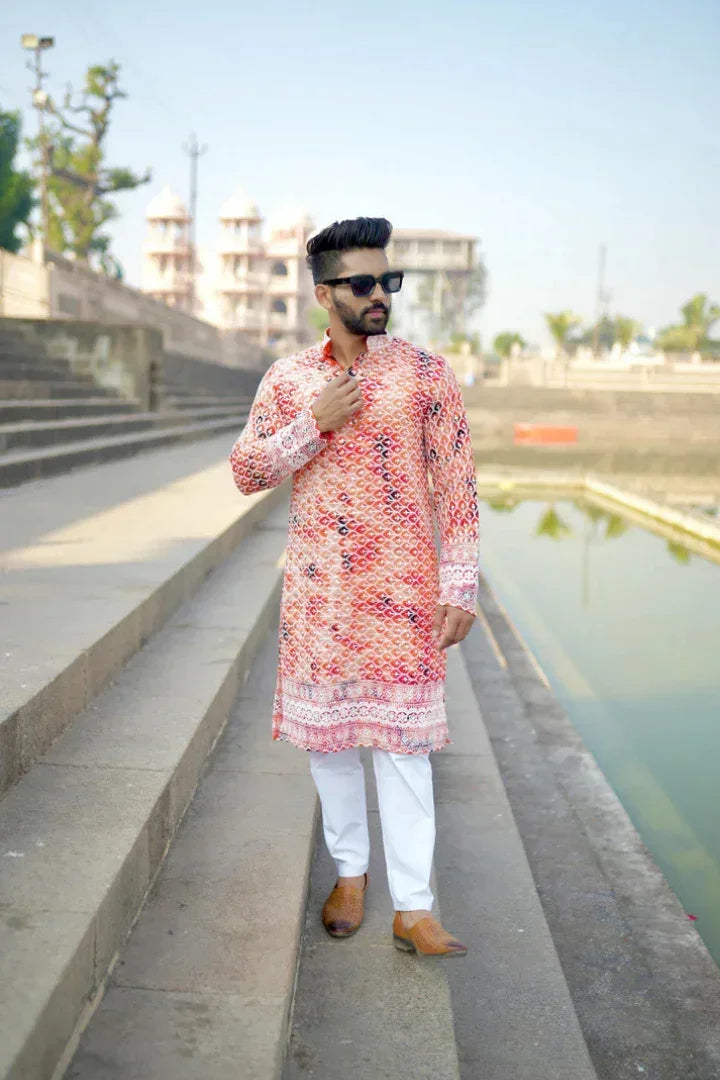 Buy Anar - Orange Batik with White Embroidery Rayon Kurta