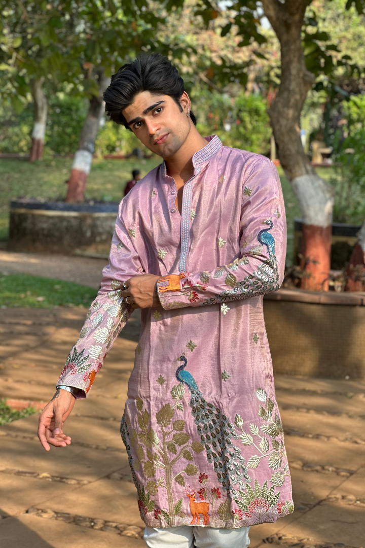 Buy Rose Purple Kurta with Elegant Deer and Peacock Motifs