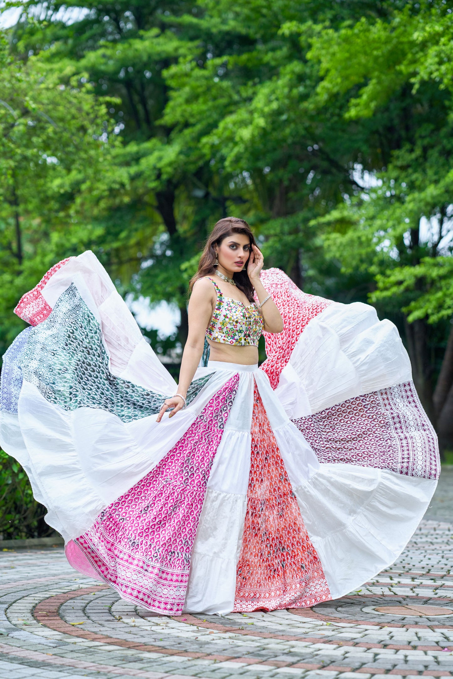 Multicolour Chand Embriodery Lehanga With Mirror Blouse