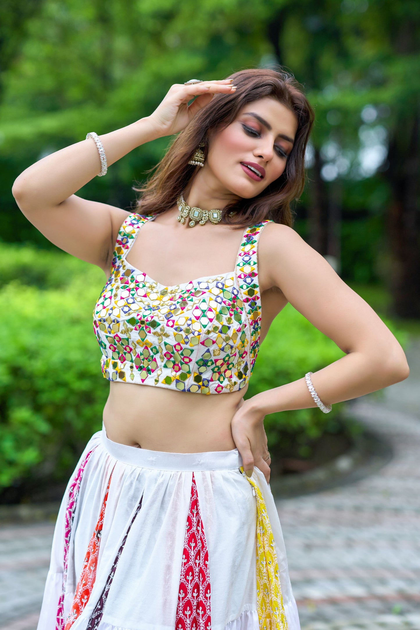 Multicolour Chand Embriodery Lehanga With Mirror Blouse
