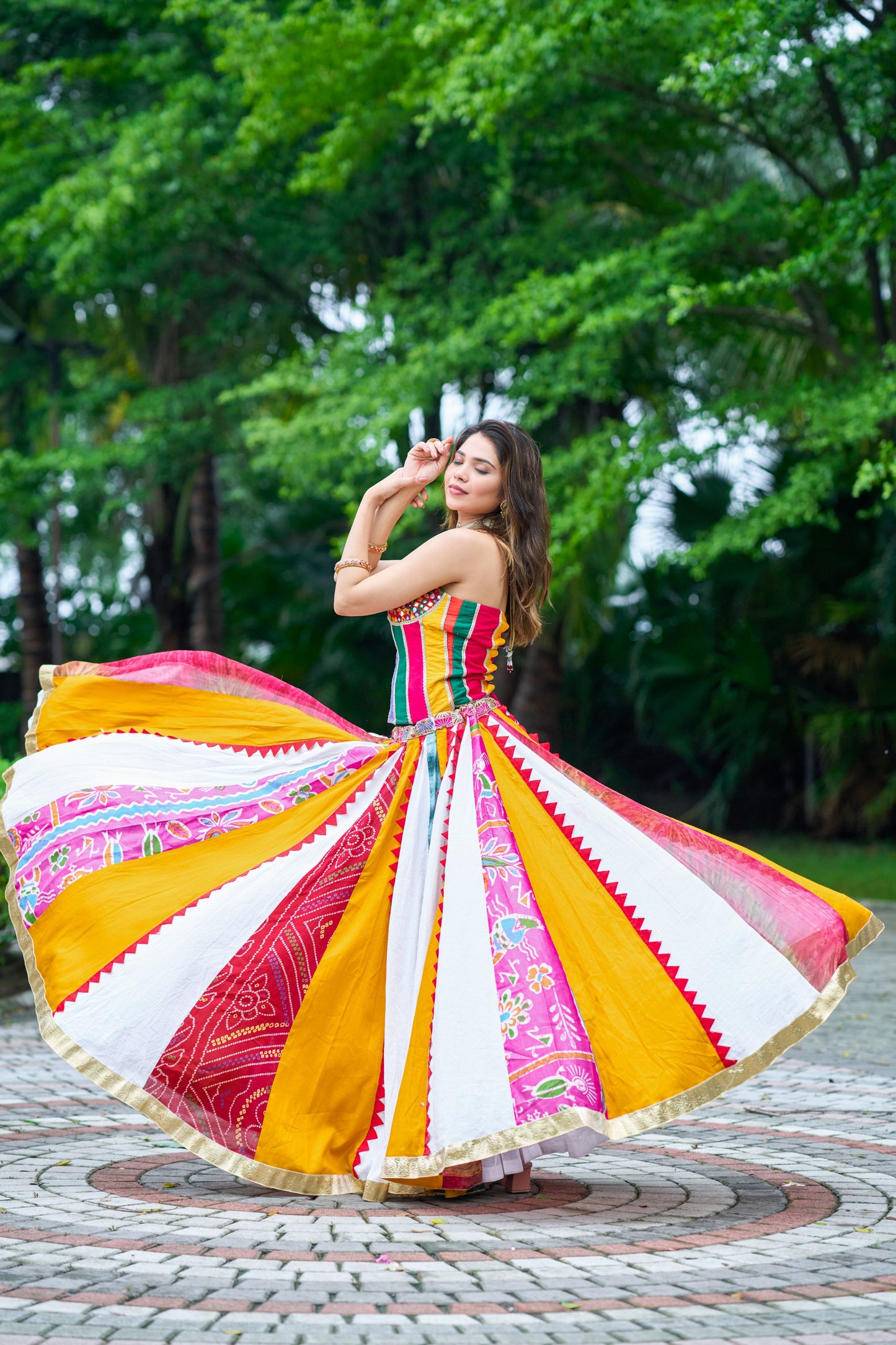Old Marigold Corset With Multi Lehanga