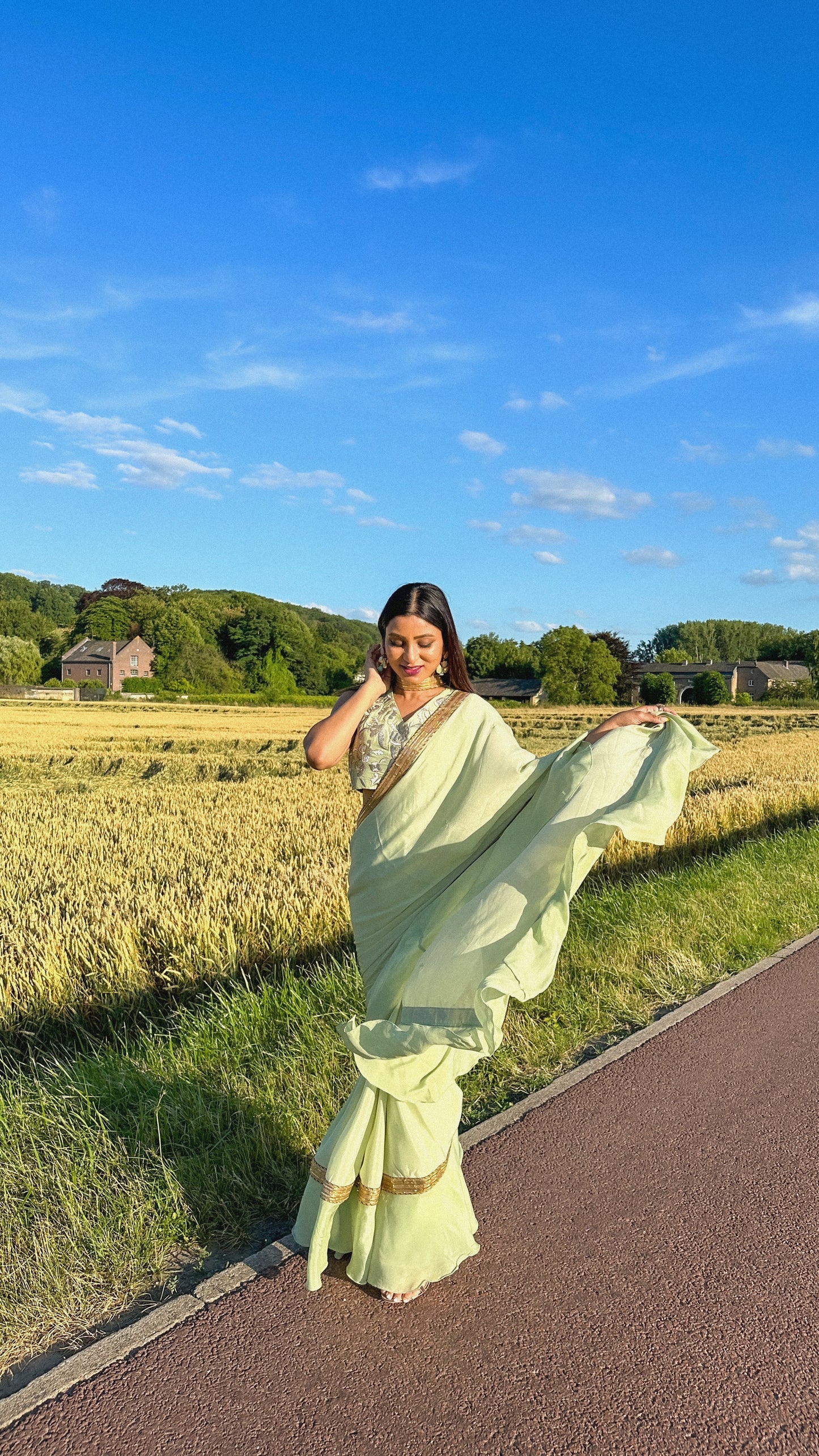 Ruffled Chiffon Saree and Exquisite Silk Blouse with Collar Embellishments