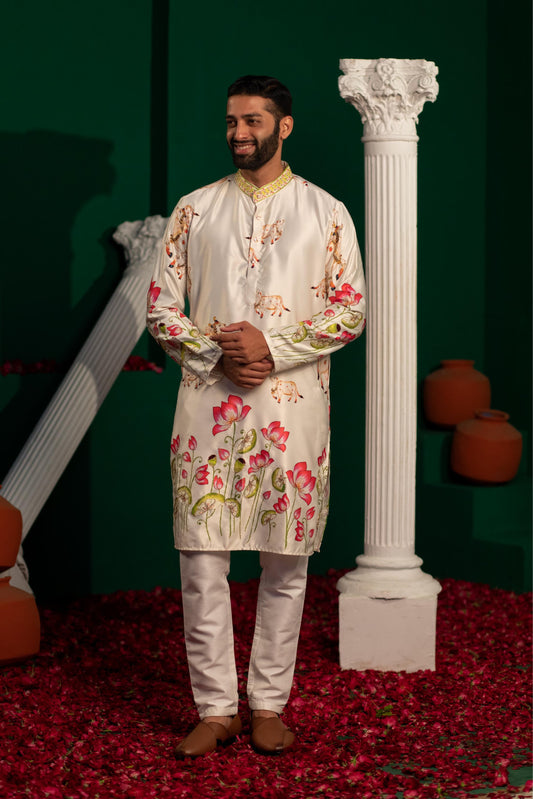 Elegant Lotus and Cattle Motif Printed Embroidered Kurta for Men