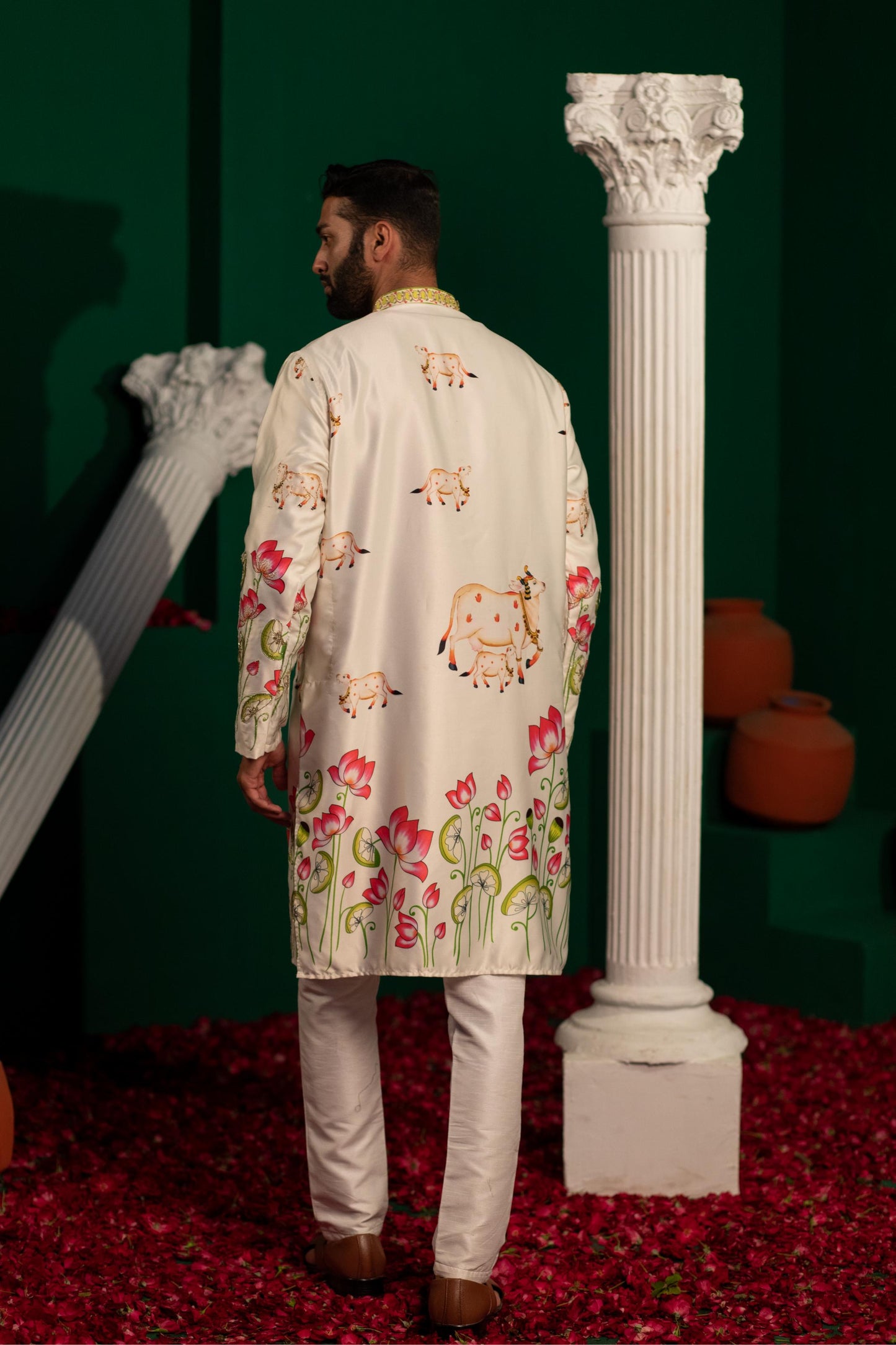 Elegant Lotus and Cattle Motif Printed Embroidered Kurta for Men