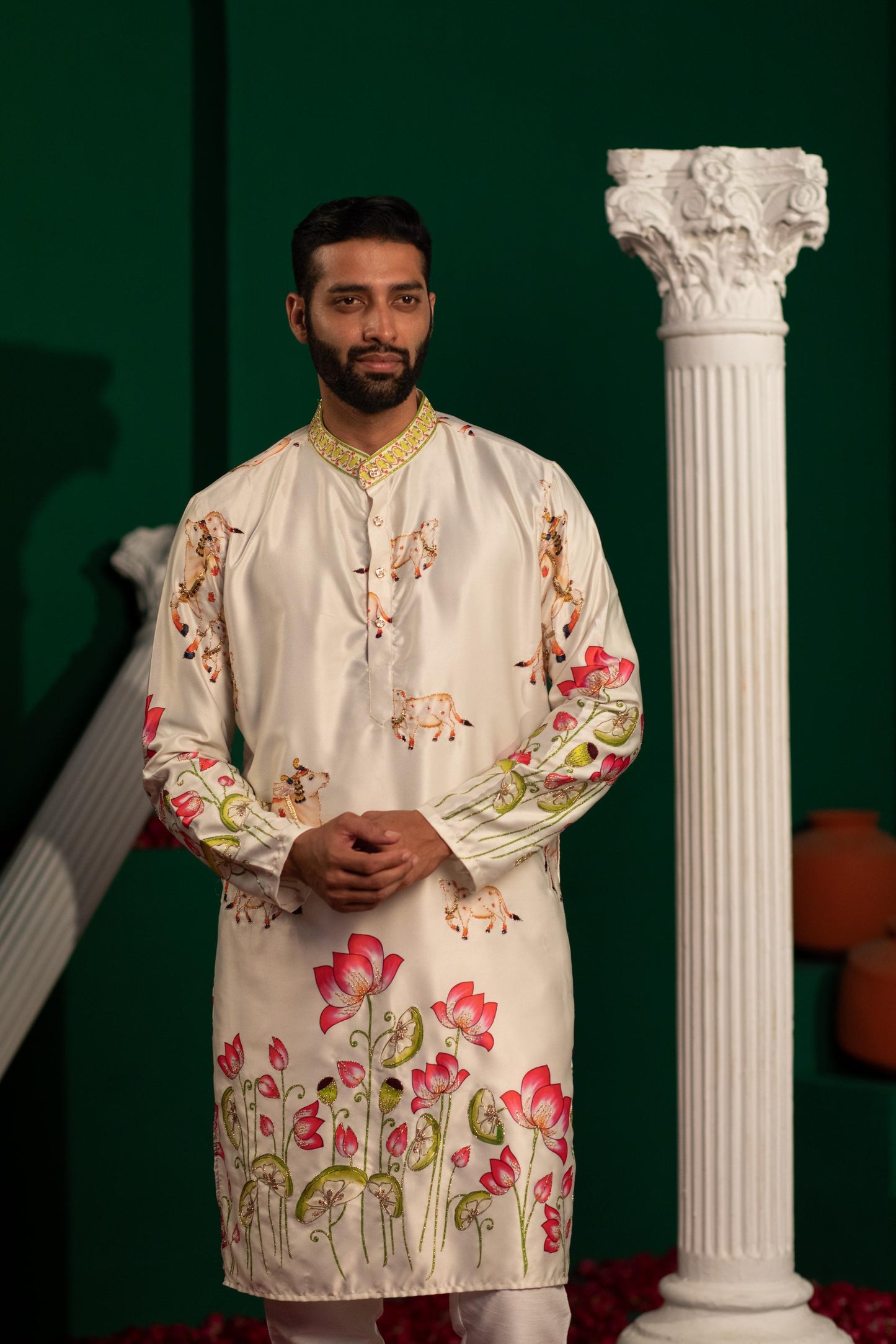 Elegant Lotus and Cattle Motif Printed Embroidered Kurta for Men