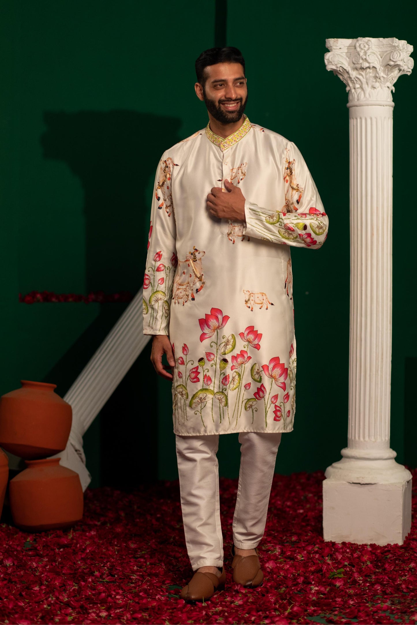 Elegant Lotus and Cattle Motif Printed Embroidered Kurta for Men