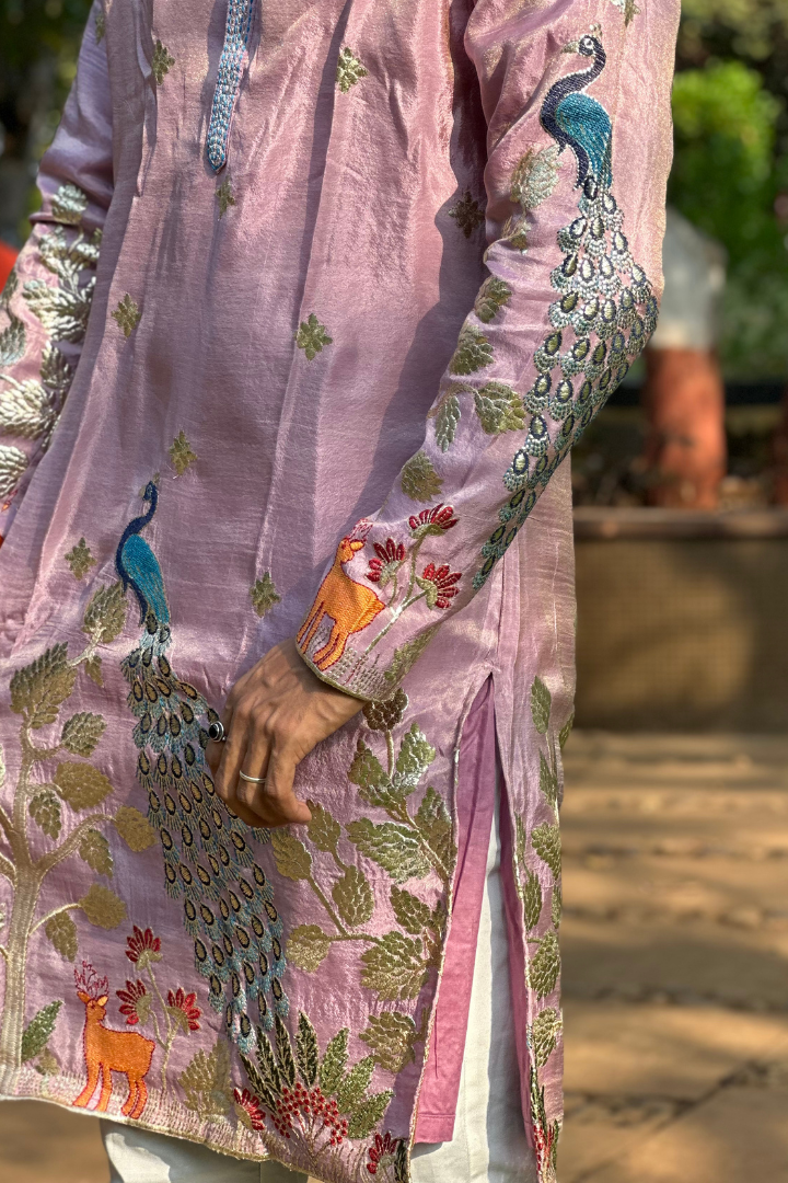 Rose Purple Kurta with Elegant Deer and Peacock Motifs