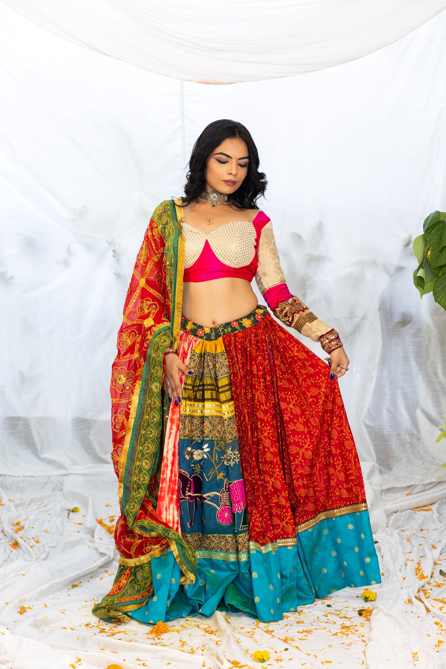 Multicolored Lehenga with Red & Green Sequin Embroidery & Raw Silk Blouse