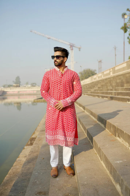 Laal Kila - Red Georgette with White Embroidery Kurta