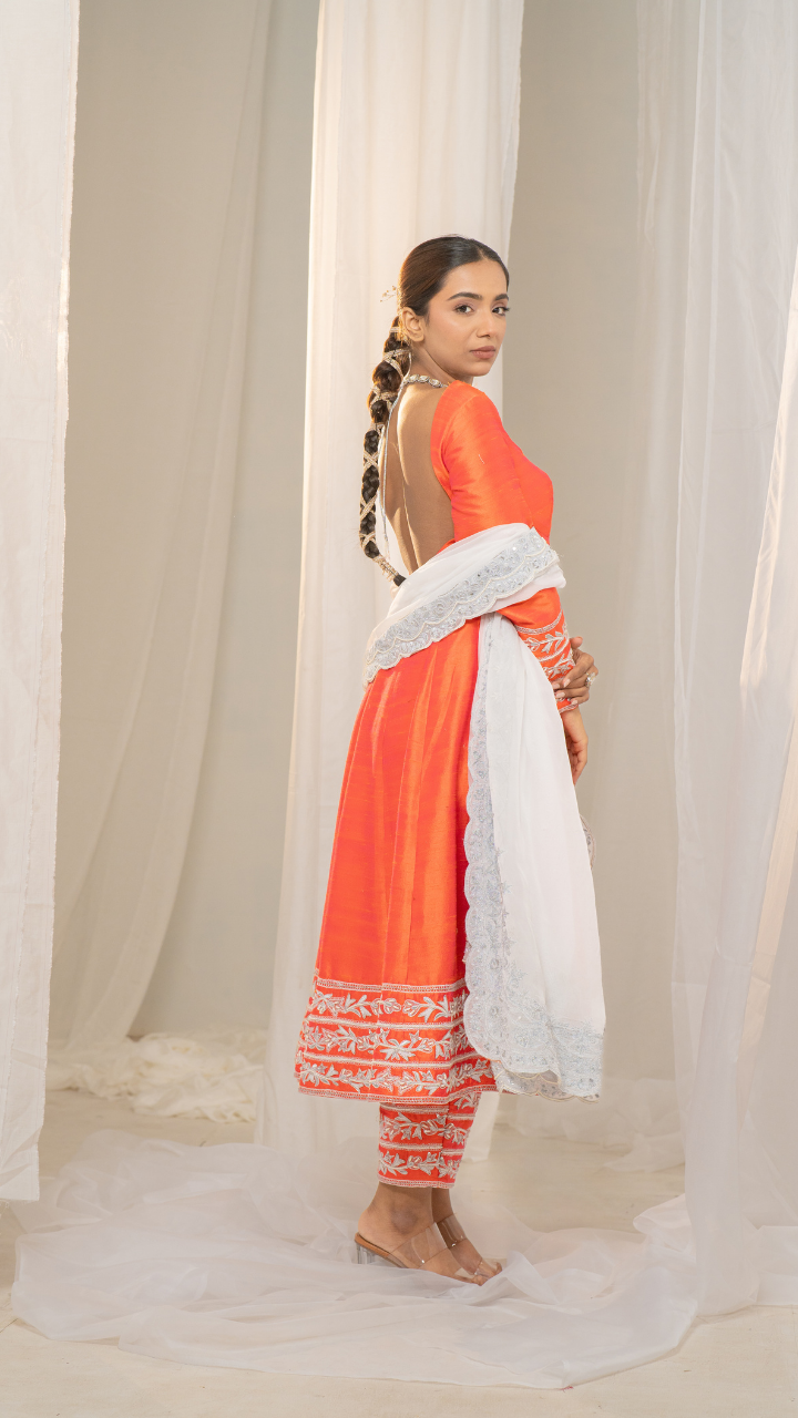 Kesar-Pista Orange Raw Silk Anarkali with White Embroidery and Organza Dupatta