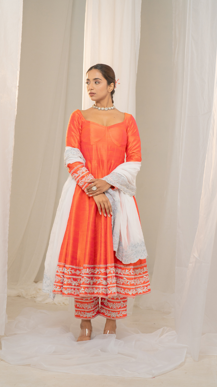 Kesar-Pista Orange Raw Silk Anarkali with White Embroidery and Organza Dupatta