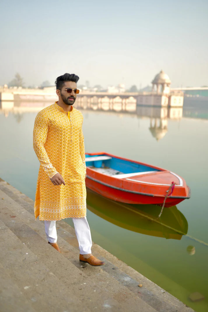 Orchid-Yellow Rayon Kurta with White Embroidery