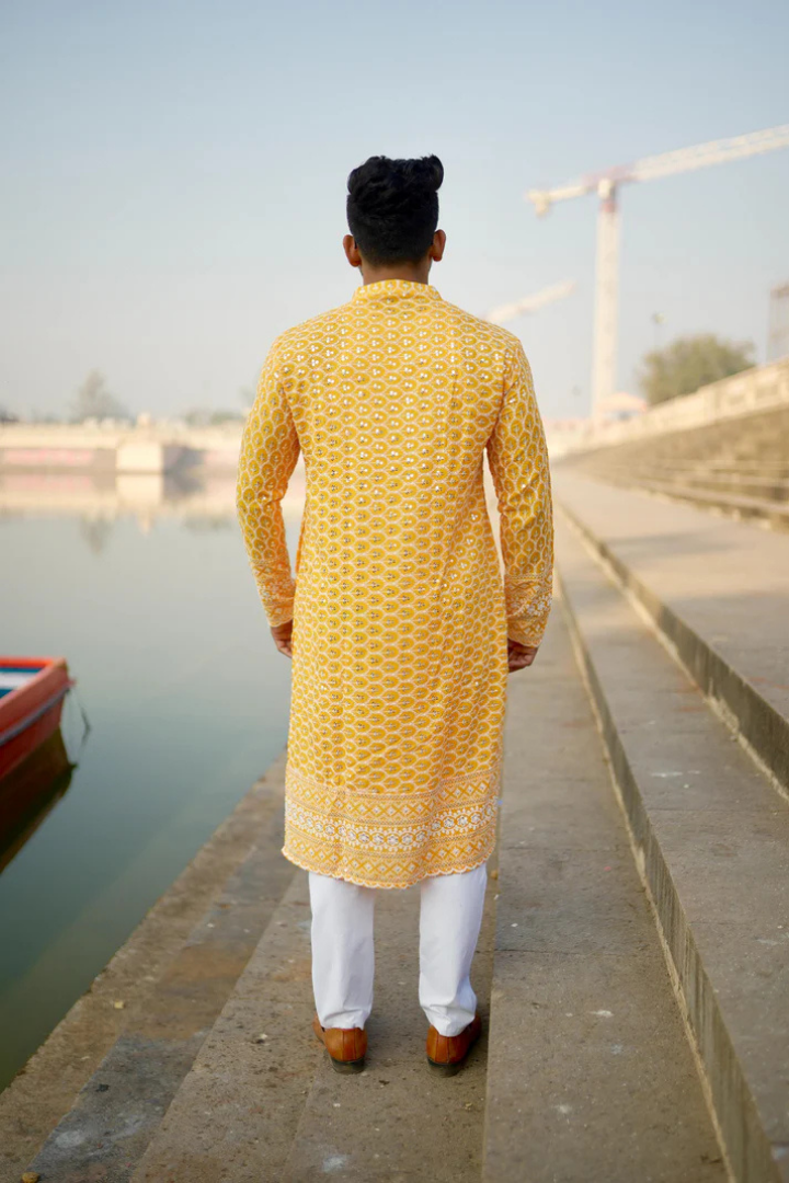 Orchid-Yellow Rayon Kurta with White Embroidery