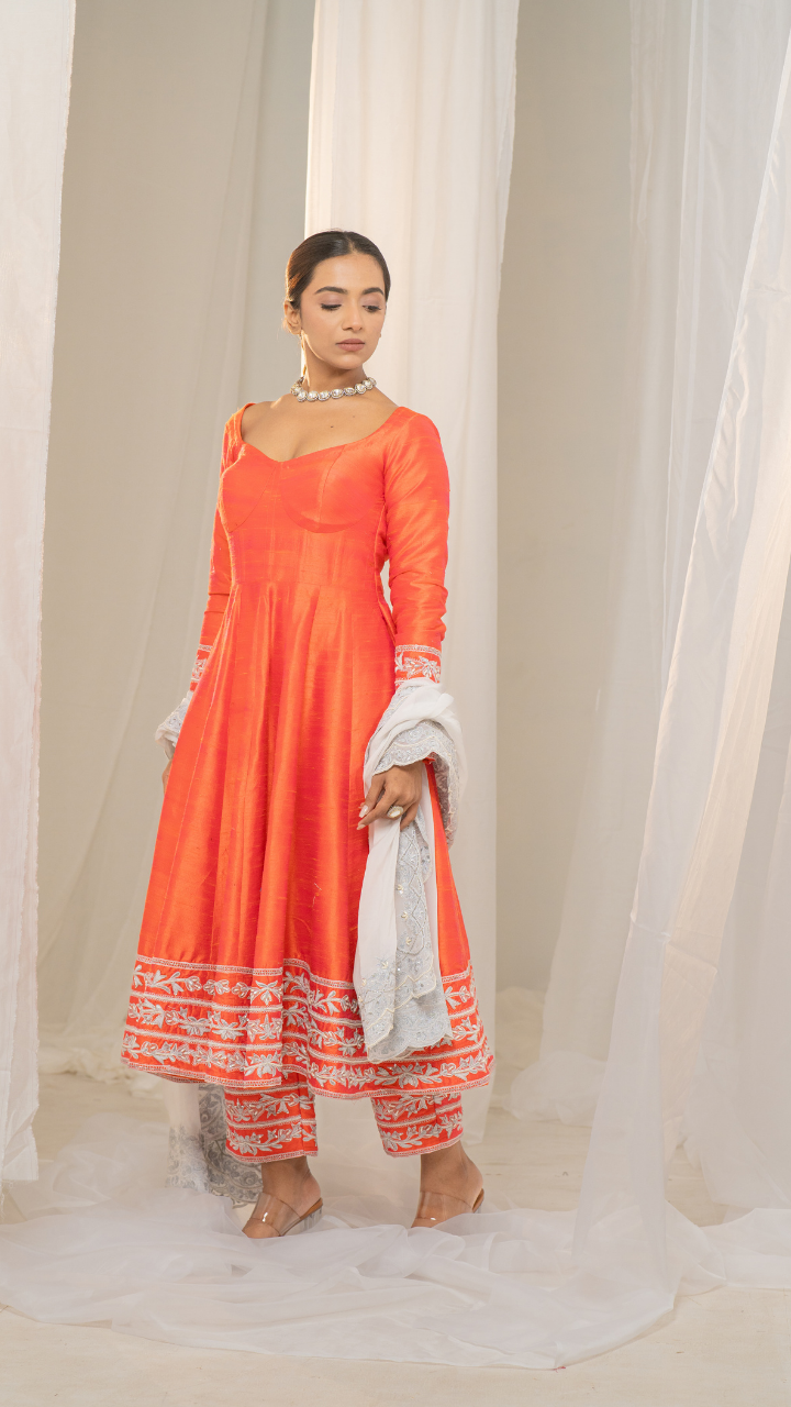 Kesar-Pista Orange Raw Silk Anarkali with White Embroidery and Organza Dupatta