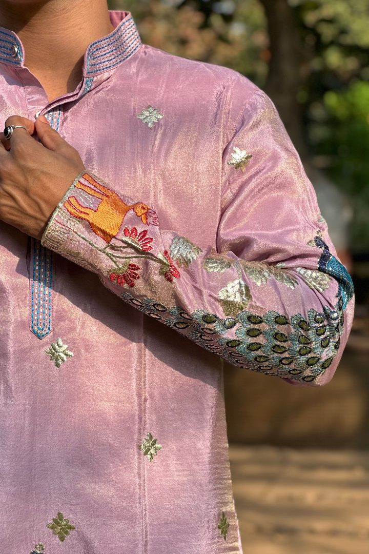 Rose Purple Kurta with Elegant Deer and Peacock Motifs