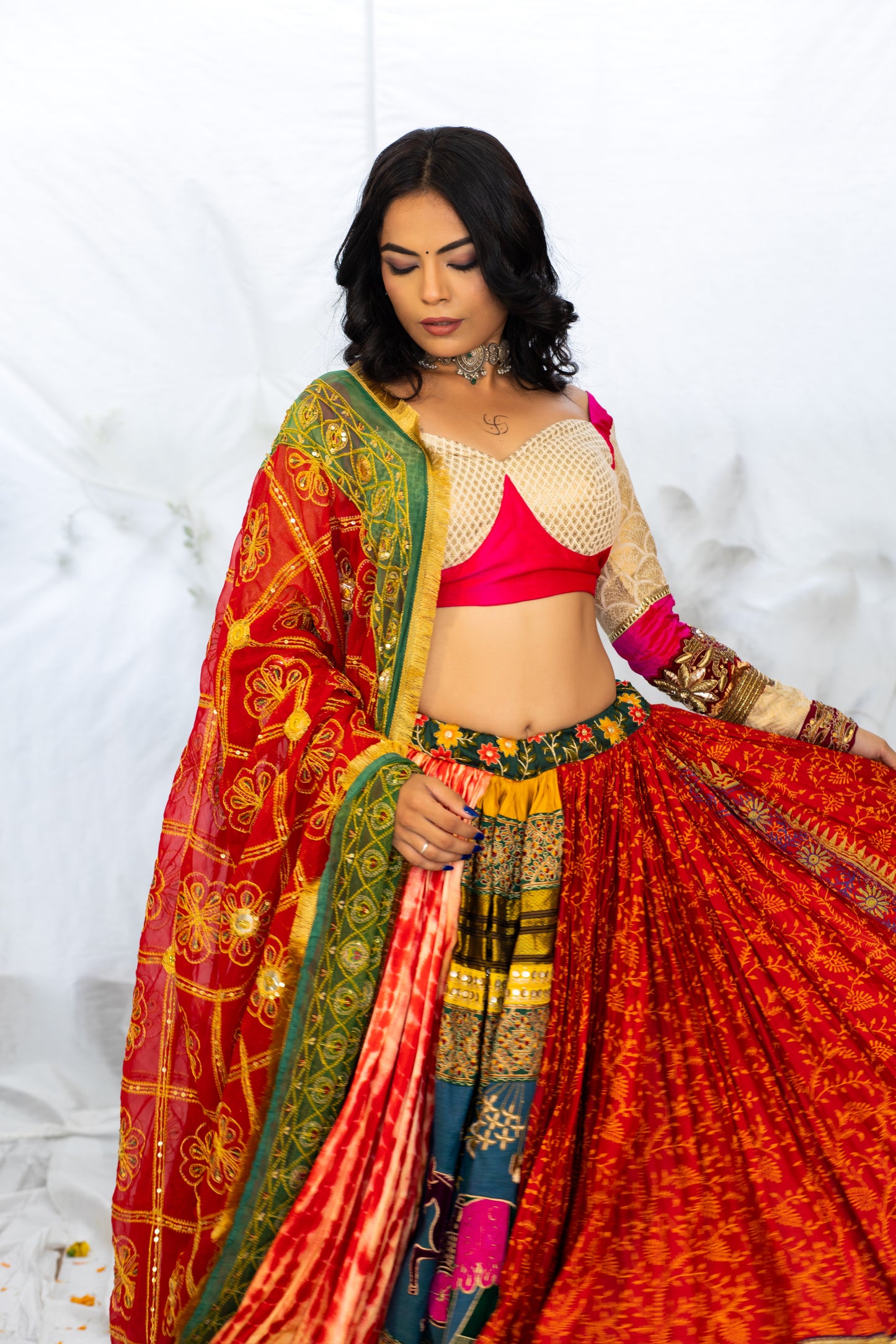 Multicolored Lehenga with Red & Green Sequin Embroidery & Raw Silk Blouse