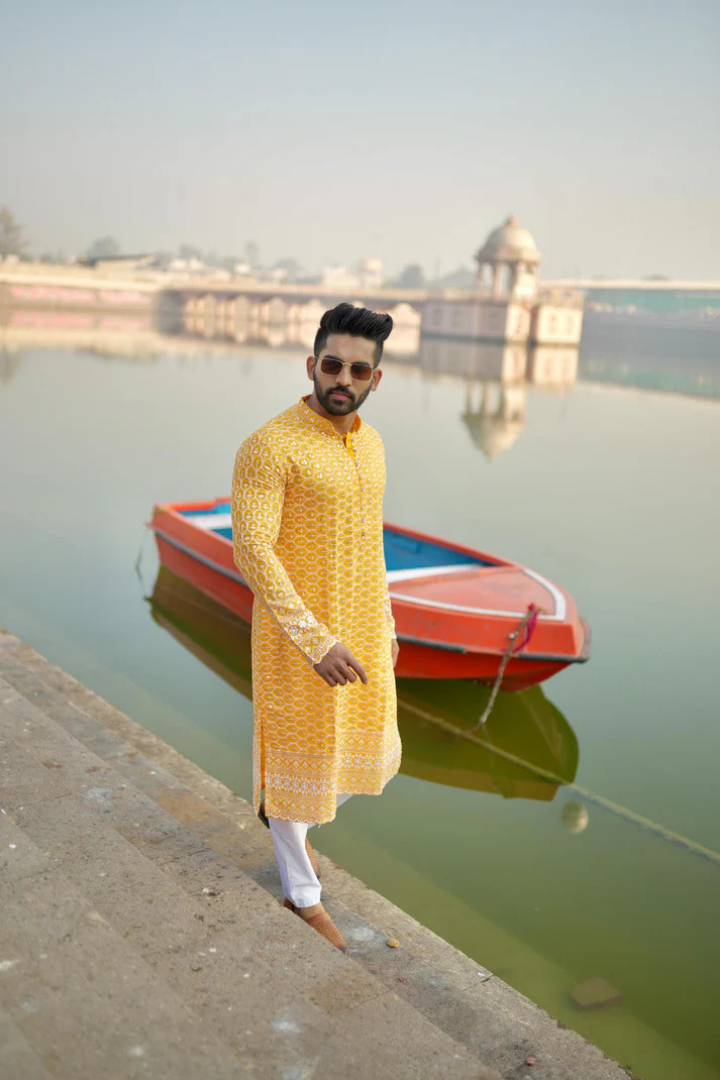 Orchid-Yellow Rayon Kurta with White Embroidery