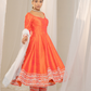 Kesar-Pista Orange Raw Silk Anarkali with White Embroidery and Organza Dupatta