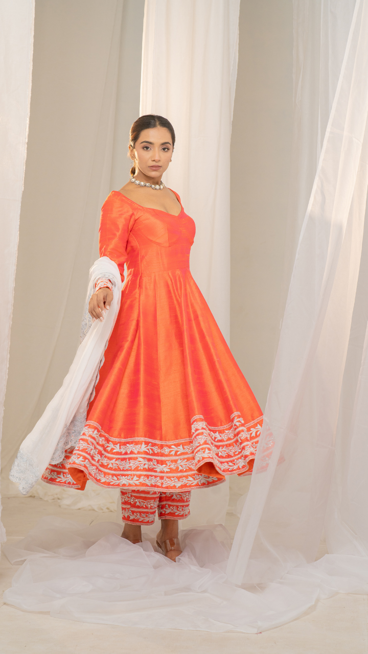 Kesar-Pista Orange Raw Silk Anarkali with White Embroidery and Organza Dupatta