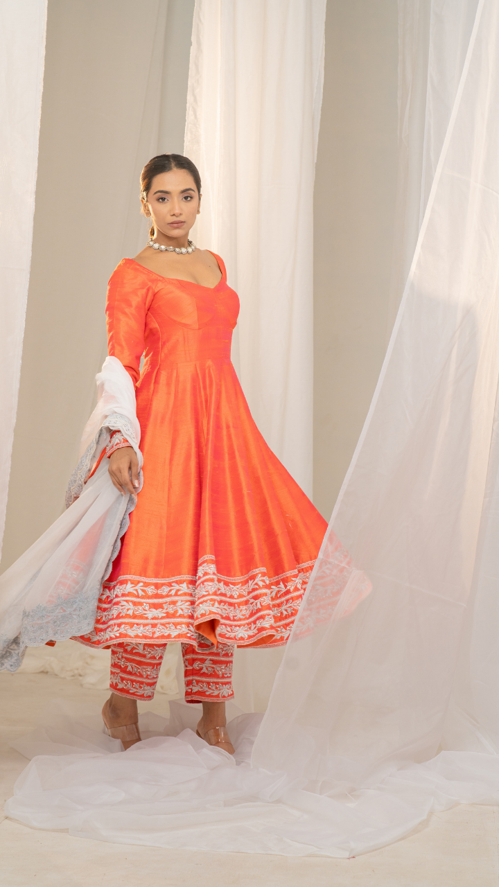 Kesar-Pista Orange Raw Silk Anarkali with White Embroidery and Organza Dupatta