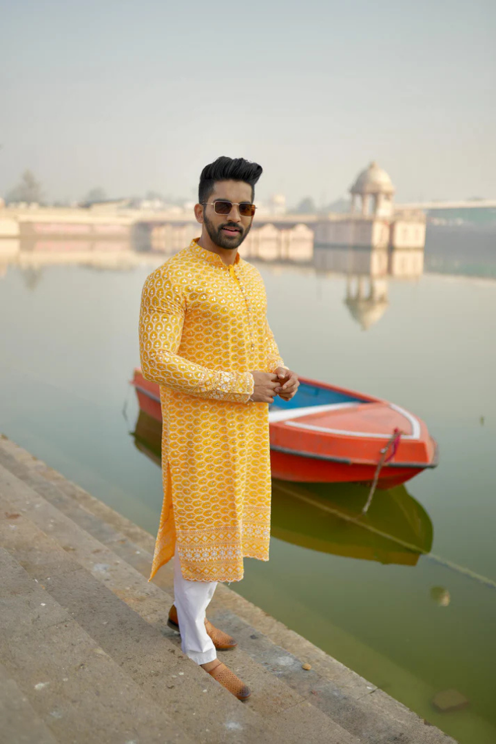 Orchid-Yellow Rayon Kurta with White Embroidery