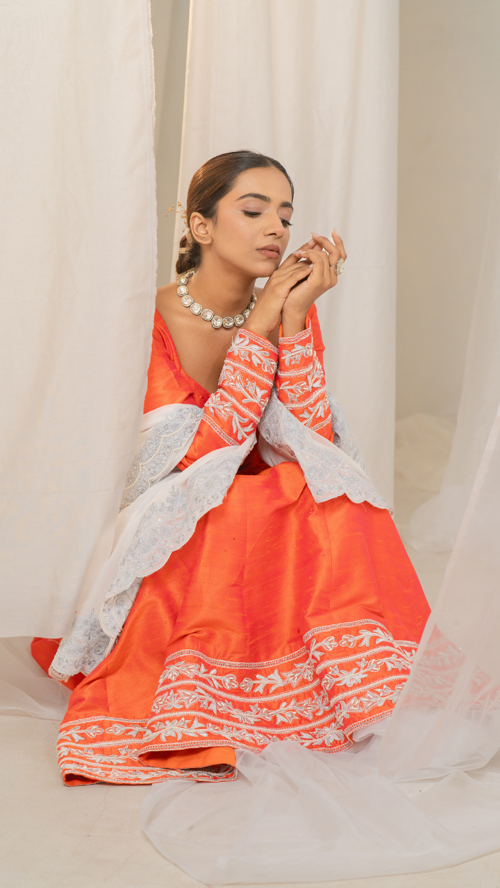 Kesar-Pista Orange Raw Silk Anarkali with White Embroidery and Organza Dupatta