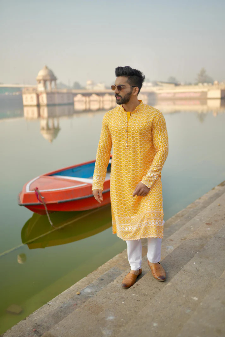 Orchid-Yellow Rayon Kurta with White Embroidery